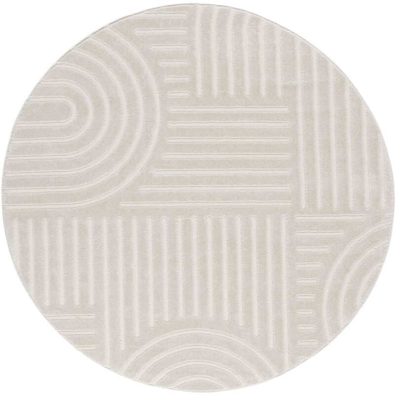 Tesso Living - Tapis Salon à poil court, Boho géométrique - Blanc - Ø120 cm (rond)