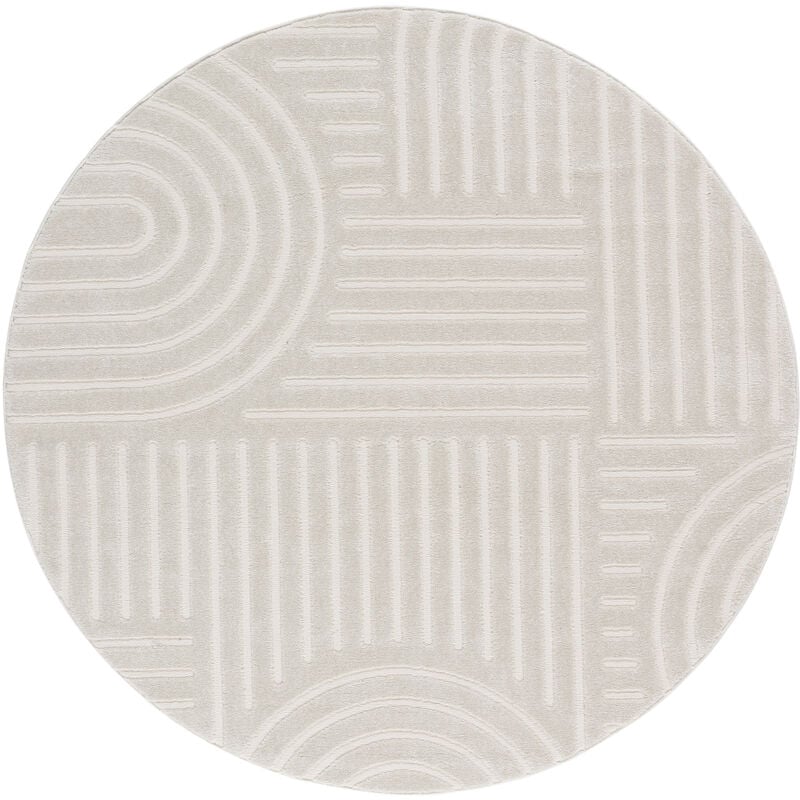 Tesso Living - Tapis Salon à poil court, Boho géométrique - Blanc - Ø160 cm (rond)