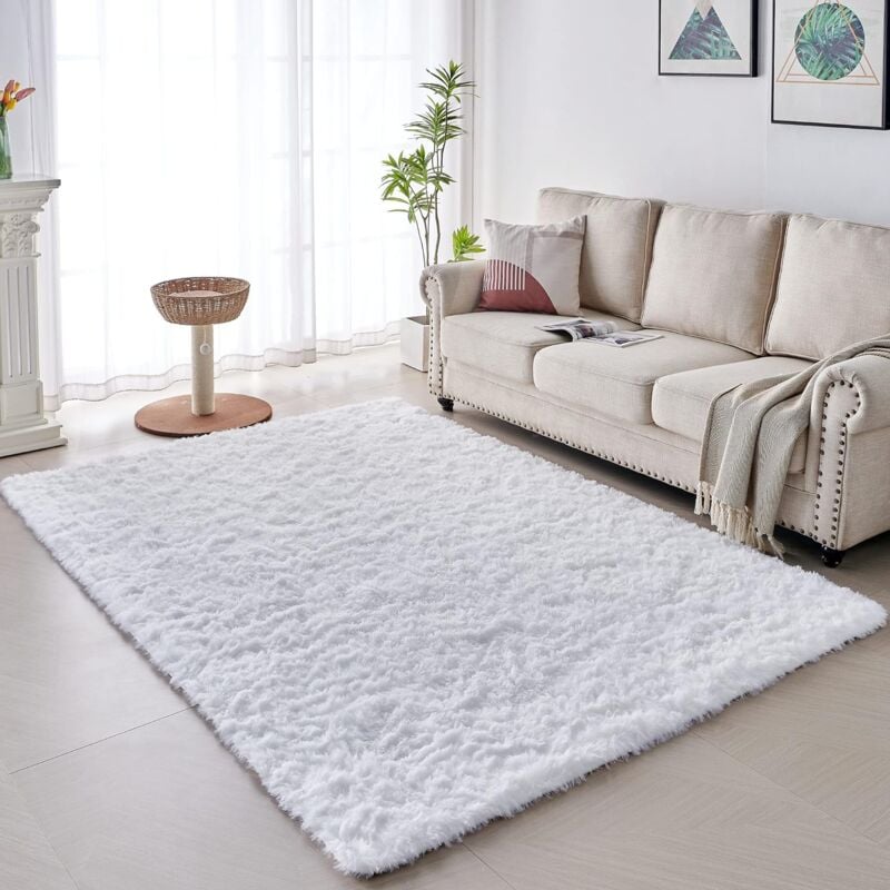 Tapis Salon Shaggy Tapis Chambre Doux Moelleux Moderne pour Chambre Canapé Natte Couloir Blanc - 140x200CM