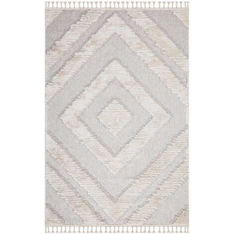 Tapis Salon Bohème Chic Franges Tressées Crème & Gris Bleu (80x150cm)