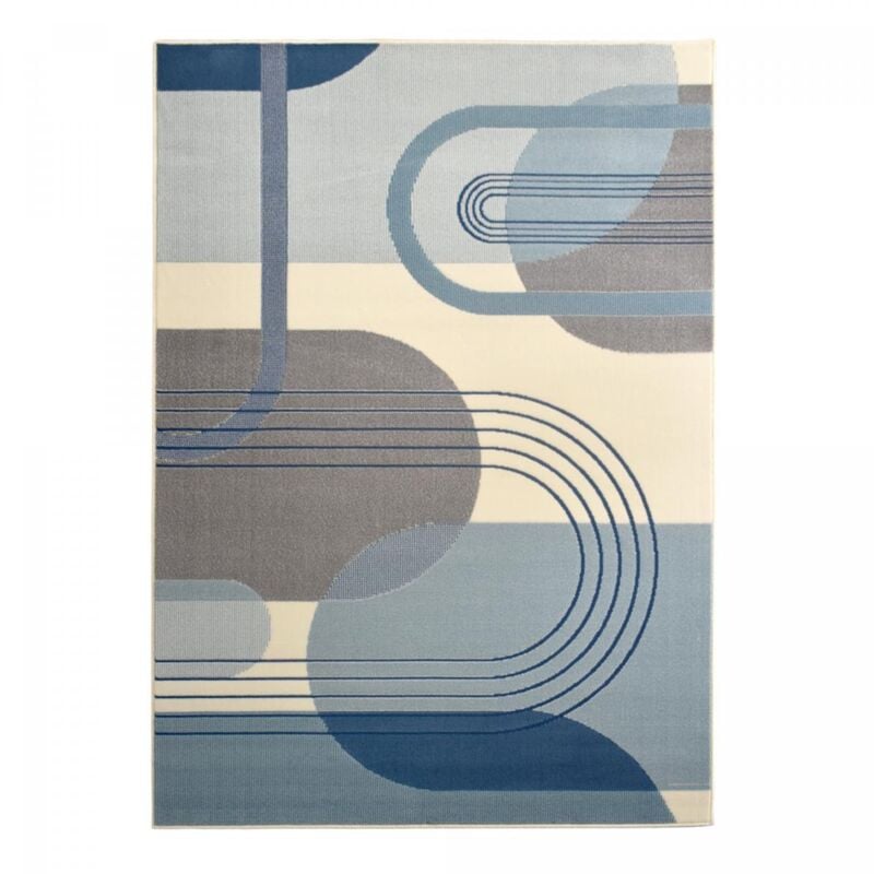 Tapis salon et chambre 80x150 bleu et crème tissé motif rétro-vintage AF2 courbla