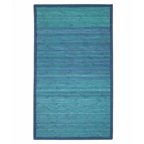 Tapis salon en bambou 70x120 cm – Lattes 100% végétales – Ganse coton bleu – Envers antidérapant pour bonne tenue au sol – Thedecofactory