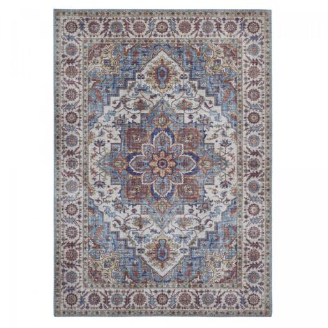 Tapis salon et chambre 120x170 bleu et blanc rectangle tissé motif oriental NIKEL