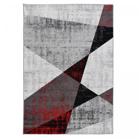 Tapis salon et chambre 120x170 gris et rouge tissé motif géométrique ROSALINE