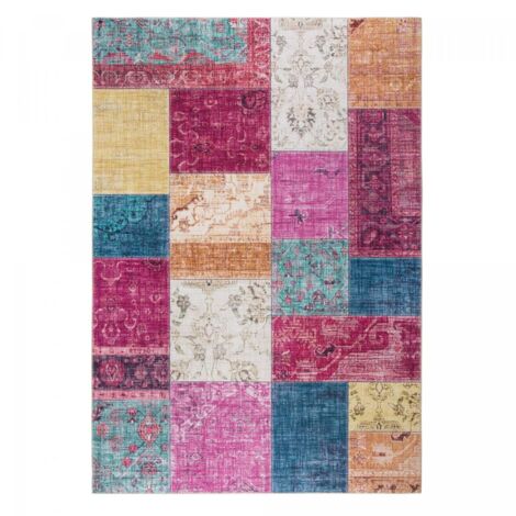 Tapis salon et chambre 120x170 rose et jaune rectangle tissé motif géométrique NIKOL