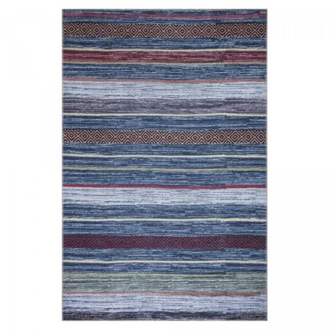 Tapis salon et chambre 75x150 bleu et rouge rectangle tissé motif ethnique NOBASTA