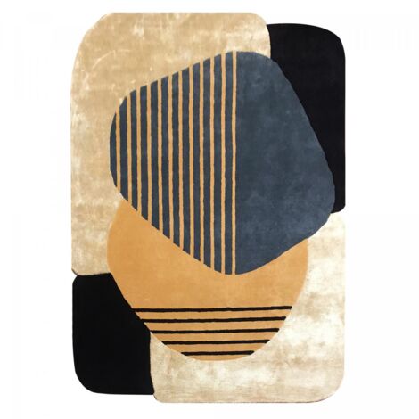 Tapis salon et chambre en laine 120x170 beige et bleu fait main