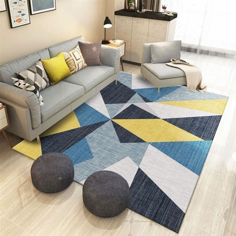 Fei Yu - Tapis Salon Géométrique Triangles Moderne Jaune Bleu Poils Courts Tapis Antidérapant Velours Enfants Tapis Chambre Basse de Canapé Table