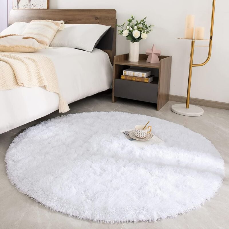 Tapis Salon Rond Shaggy Moderne Tapis Fourrure Tapis à Poils Longs Moelleux 100CM - Blanc