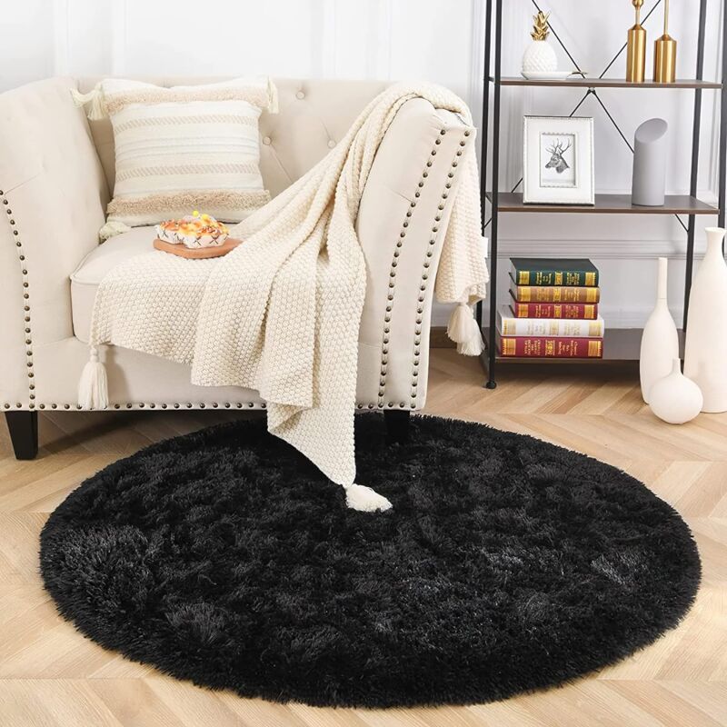 Tapis Salon Rond Shaggy Moderne Tapis Fourrure Tapis à Poils Longs Moelleux 120CM - Noir