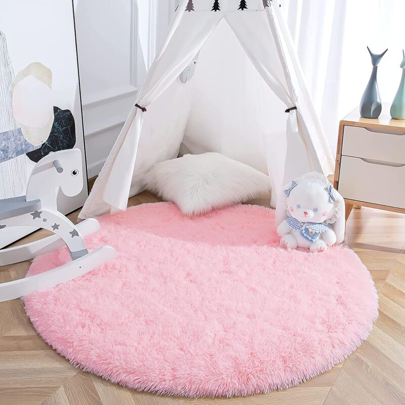 Jn.songs - Tapis Salon Rond Shaggy Moderne Tapis Fourrure Tapis à Poils Longs Moelleux 120CM - Rose