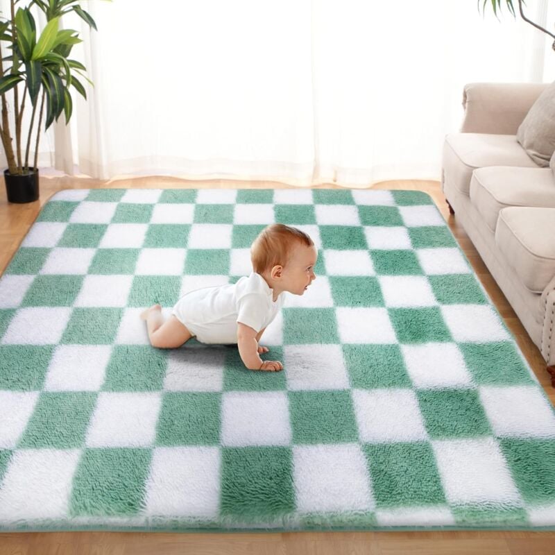 Tapis Salon Shaggy 120 x 160 cm Descente de lit Tapis Poils Longs Doux pour Salon Chambre Canapé Moelleux Chambre Blanc Vert