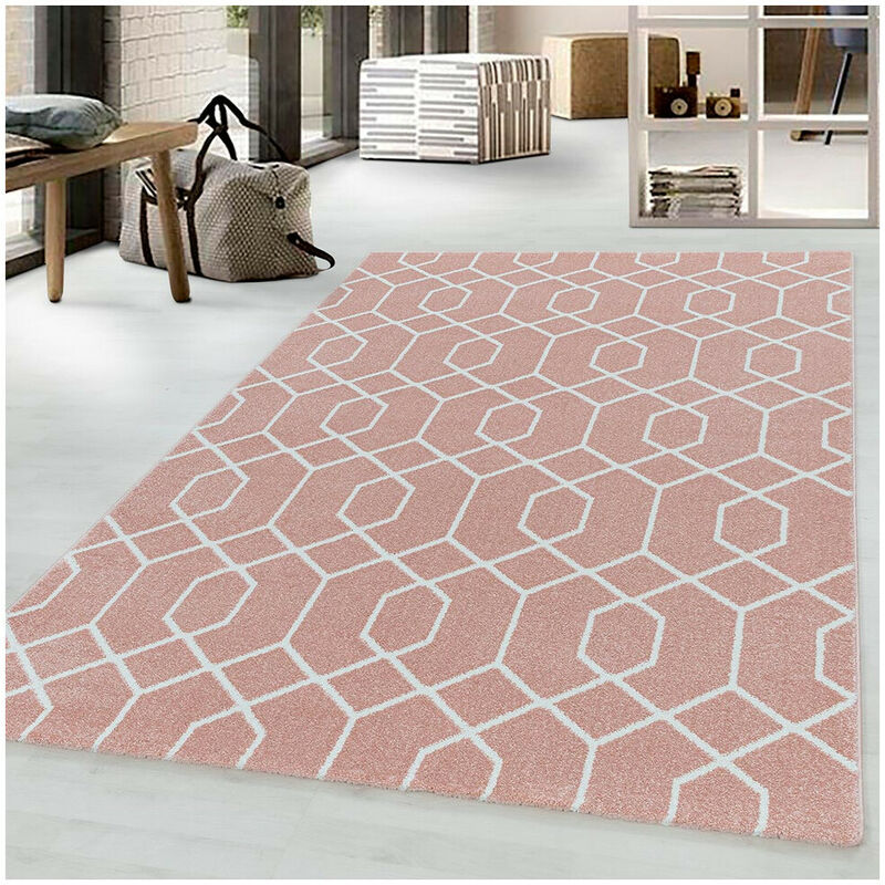 Allotapis - Tapis scandinave à courtes mèches graphique Huppe Rose 80x250