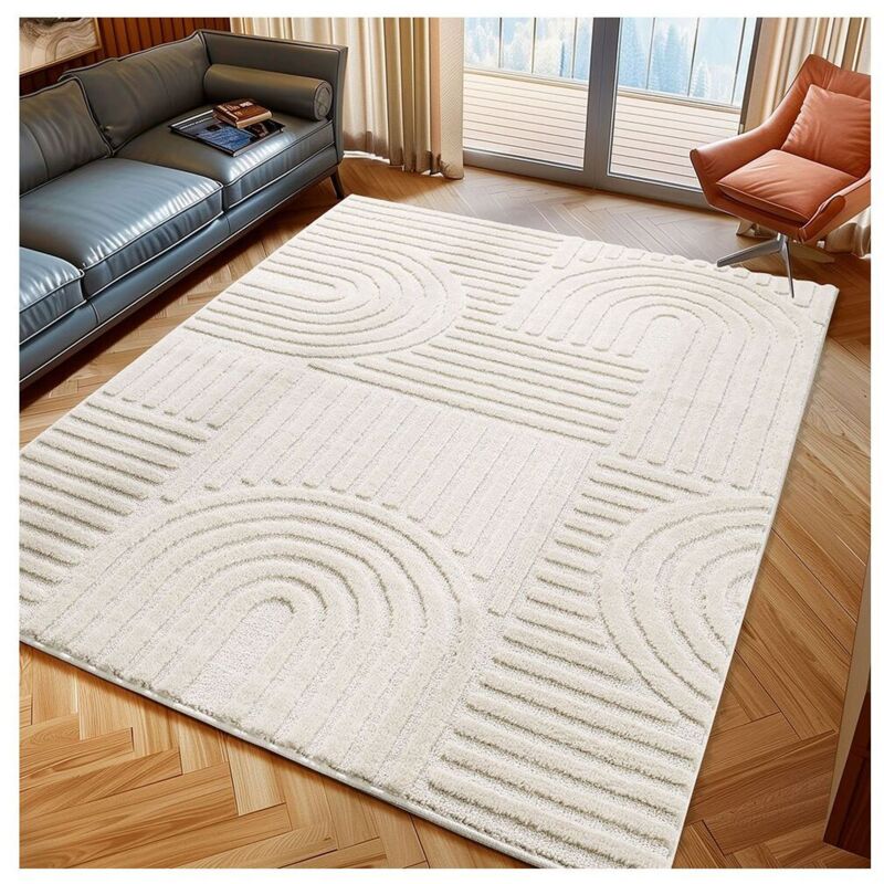Allotapis - Tapis scandinave effet 3D graphique Taro Crème 120x170