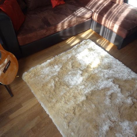 Tapis shaggy Ø100cm beige fait main rond motif uni SG FIN