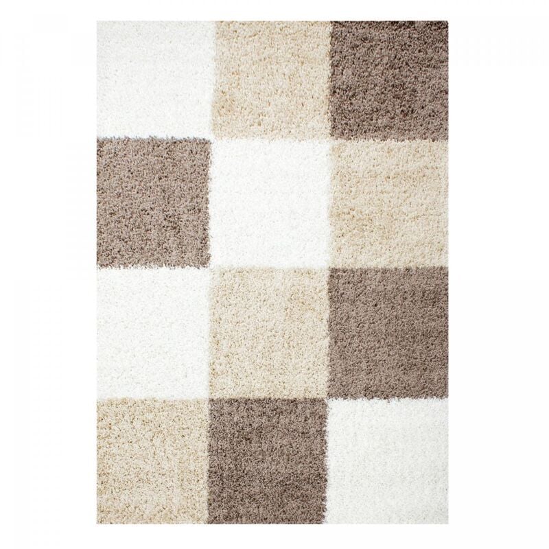 Tapis poils longs shaggy 120x170 beige et marron tissé rectangle motif damier