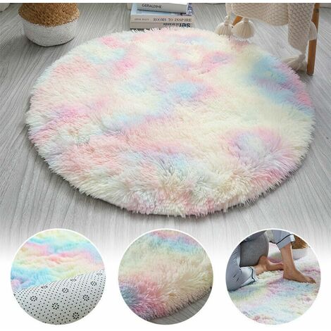 Tapis Shaggy Arc-en-Ciel, Tapis Peluche Coloré Tie-Dye, Tapis Doux Antidérapant Mignon, Tapis Rond Chambre Fille (120cm)