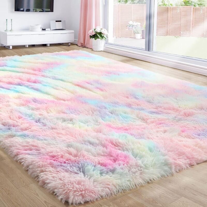 Tapis Shaggy Arc-en-Ciel, Tapis Poil Long Coloré Tie-Dye Rectangulaire, Tapis Doux Antidérapant pour Chambre à Coucher, Chevet, Salon, Salle de Jeux