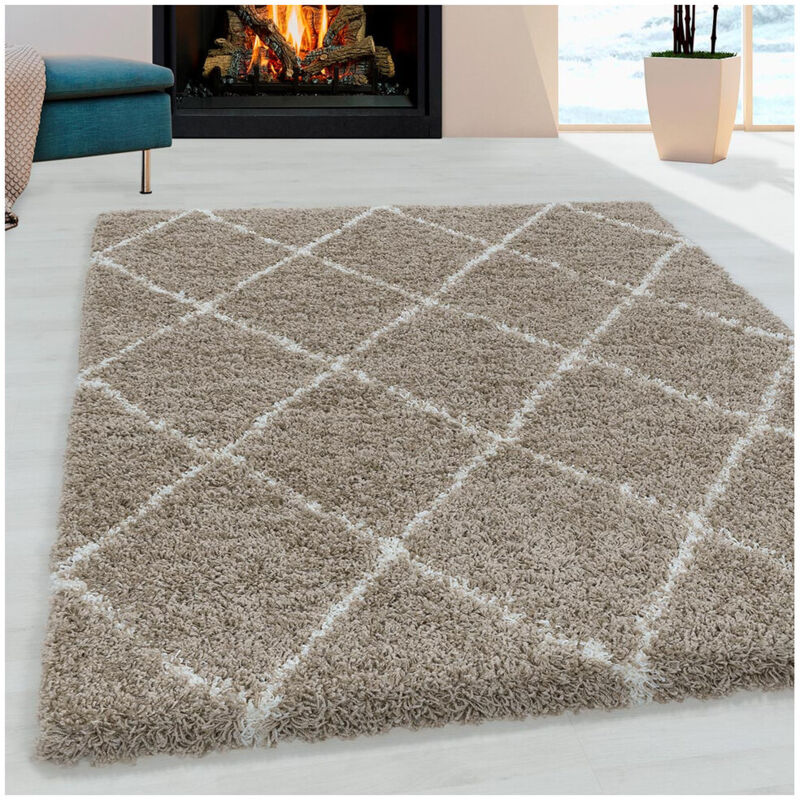 Allotapis - Tapis shaggy design rectangle géométrique Chantecler Beige 80x250