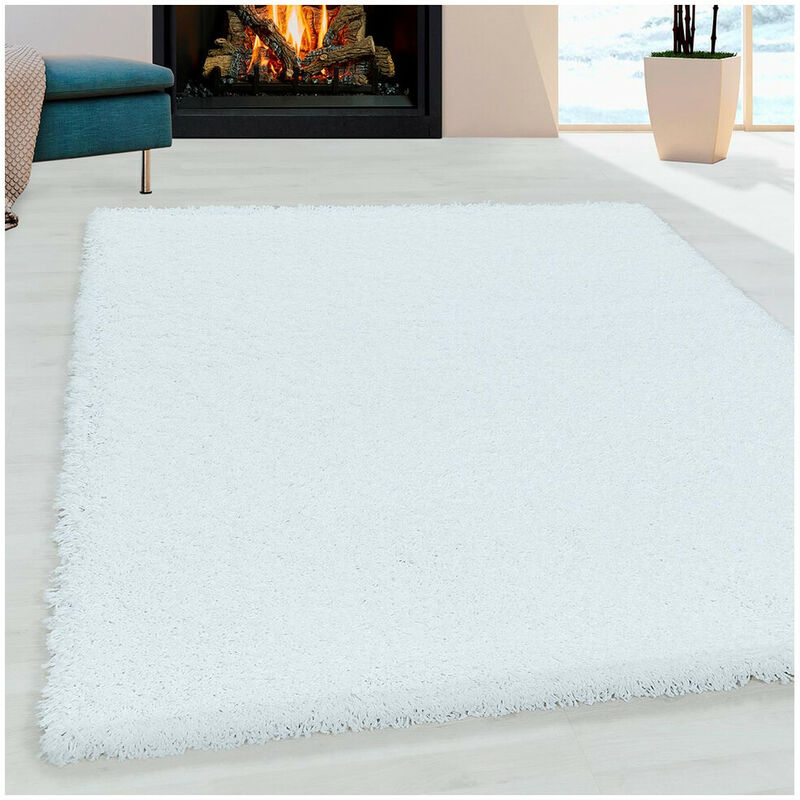 Allotapis - Tapis shaggy design uni rectangulaire Gadol Blanc 120x170