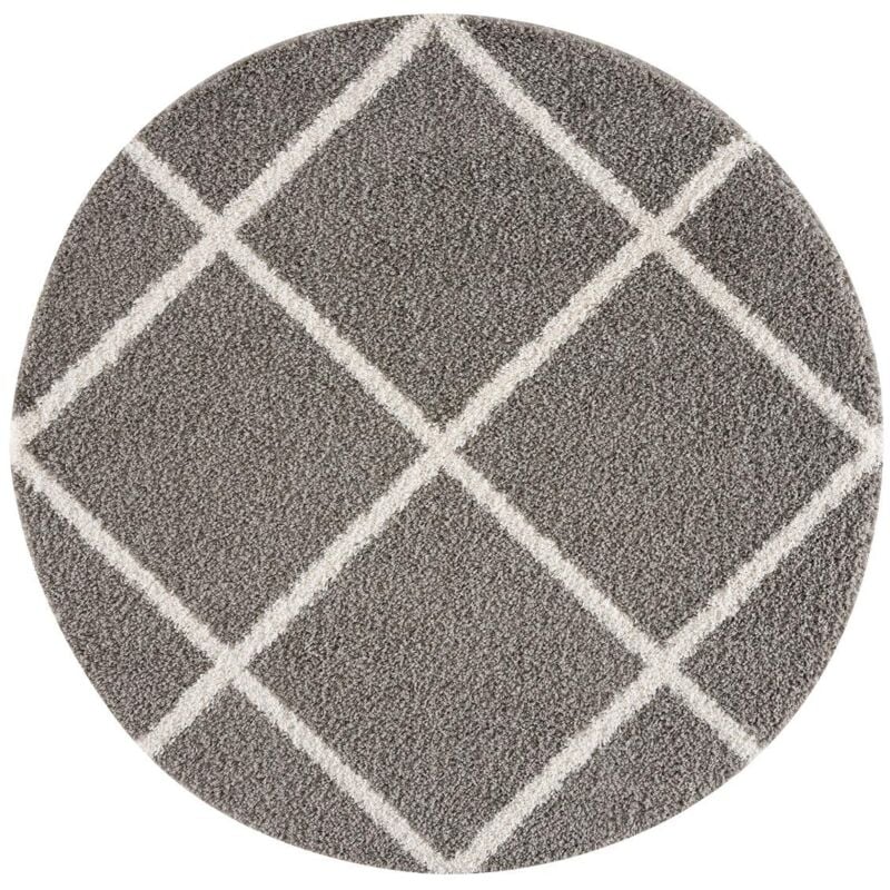 Tapis longs poils shaggy Ø200cm gris tissé rond motif scandinave SG MADRAG