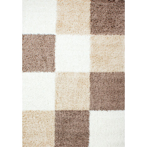 Tapis Shaggy Poils Longs Motifs Carreaux (Beige / Blanc / Mocca - 160x230cm)