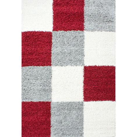 Tapis Shaggy Poils Longs Motifs Carreaux (Gris / Blanc / Rouge - 120x170cm)