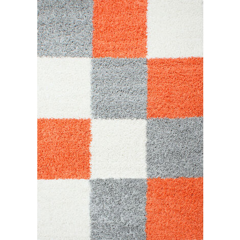 Tapis Shaggy Poils Longs Motifs Carreaux (Gris / Blanc / Terracotta - 80x150cm)