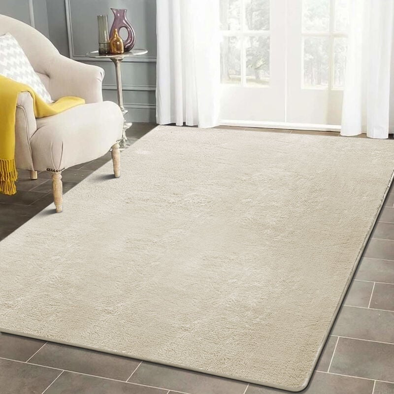 Aqrau - Tapis Shaggy, Tapis de salon Lavable Pile Courte et Douce,120x160 cm Dessous antidérapant, Super Doux Beige
