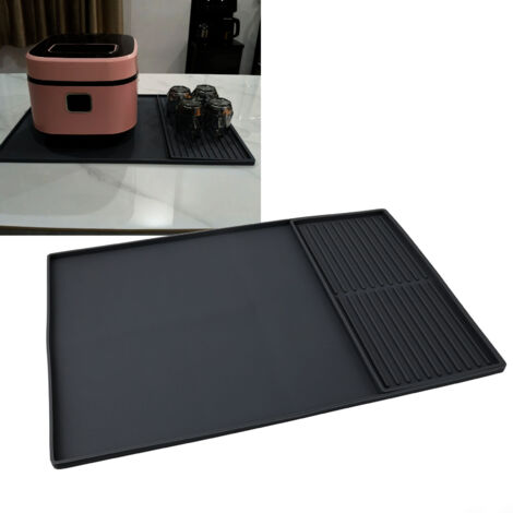 Tapis Silicone 2 Zones avec Bac de Dégouttage - Insulation Thermique et Antidérapant pour Machine à Café et Bar - Noir - 61x40.5cm