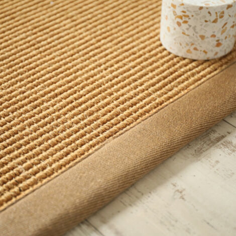 Tapis Sisal grosses boucles - Cuba paille dorée - Ganse lin camel - 80 x 150 cm