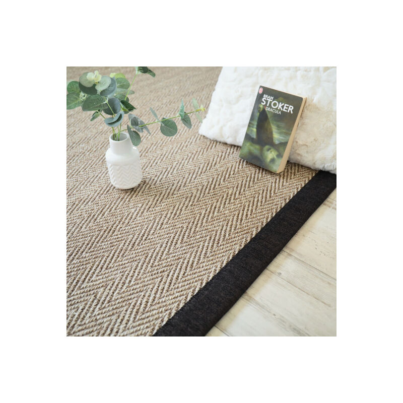 Décoweb - Tapis sisal - Maya chevron beige - Ganse chenille brun chiné - 120 x 170 cm