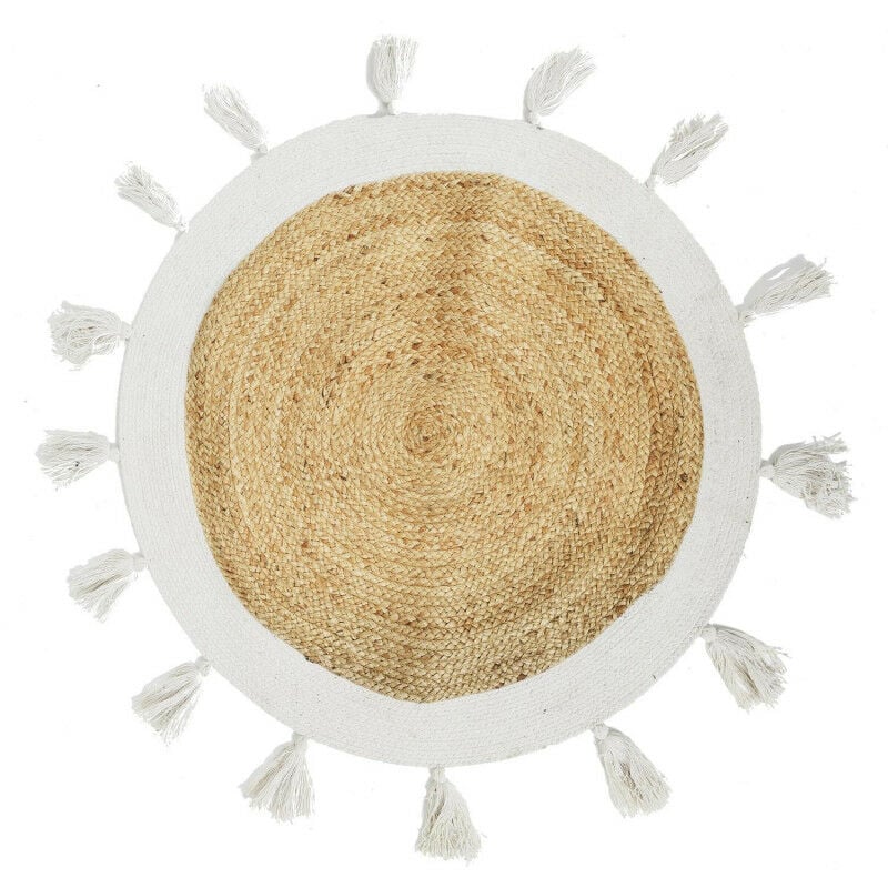 Tapis rond en jute avec pompons - Beige et blanc - D 80 cm - Livraison gratuite