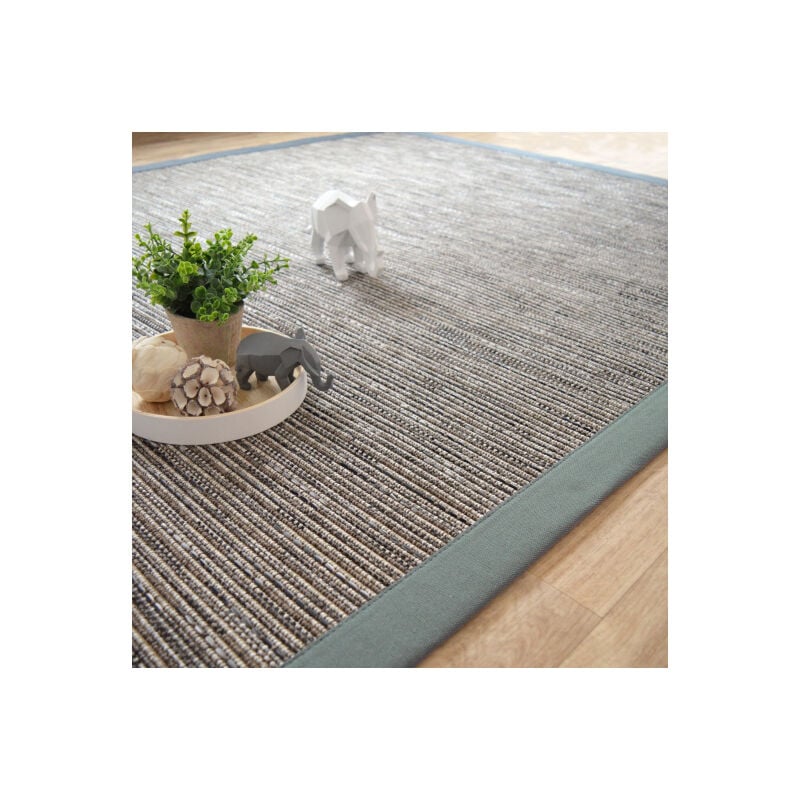 Décoweb - Tapis tissé plat - Bornéo silver - Ganse coton vert de gris - 80 x 150 cm