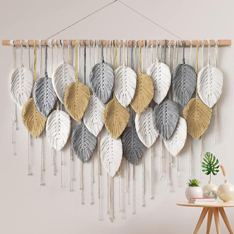 Tapis tissé - Tapis en corde de coton tissée à motifs de feuilles colorées - Décoration murale nordique pour salon - à suspendre - 100 x 80 cm (21