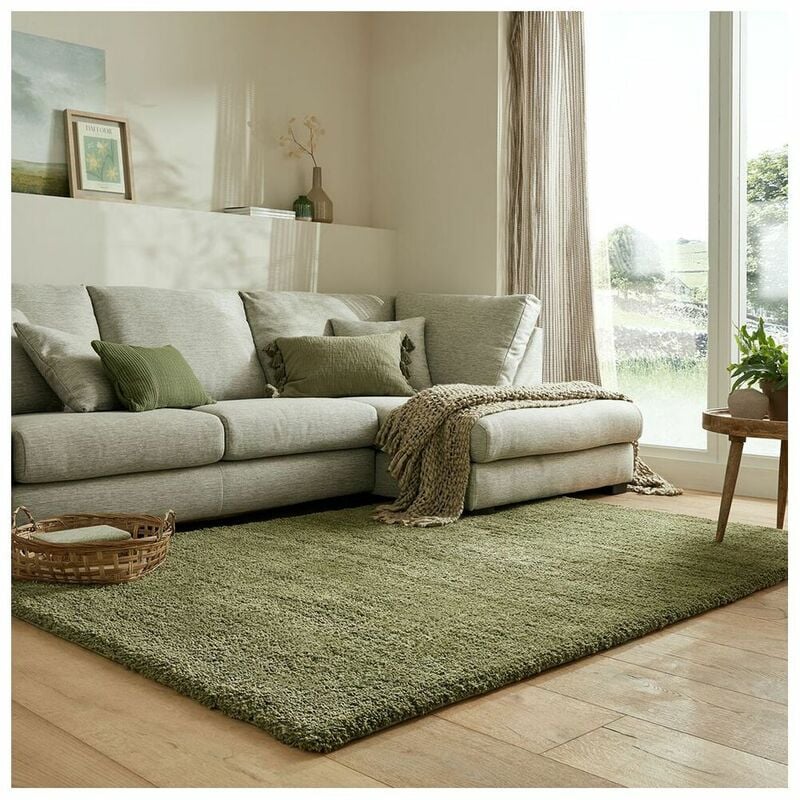Flair Rugs - Tapis uni à longues mèches moderne doux Feather Soft Olive 120x170