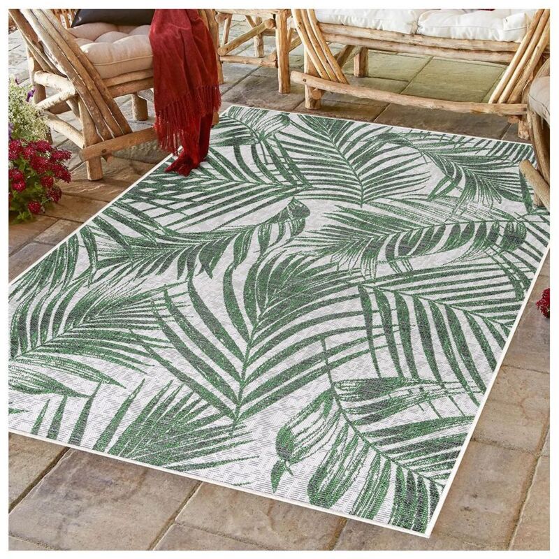 Allotapis - Tapis vert plat floral intérieur et extérieur Assya Vert 80x150