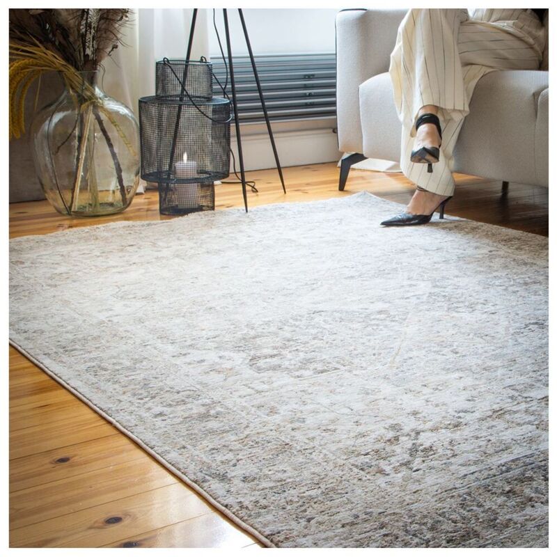 Deladeco - Tapis vintage avec franges beige rayé Jaya Beige 60x110