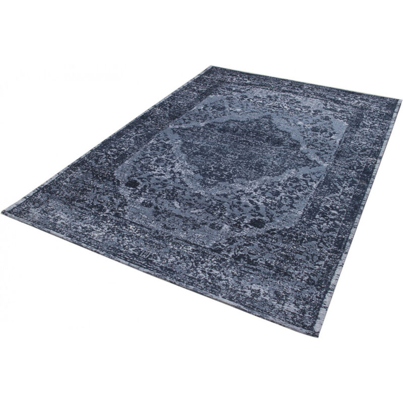 Tapis vintage plat pour salon rayé rectangle Clonmel Bleu foncé 80x150