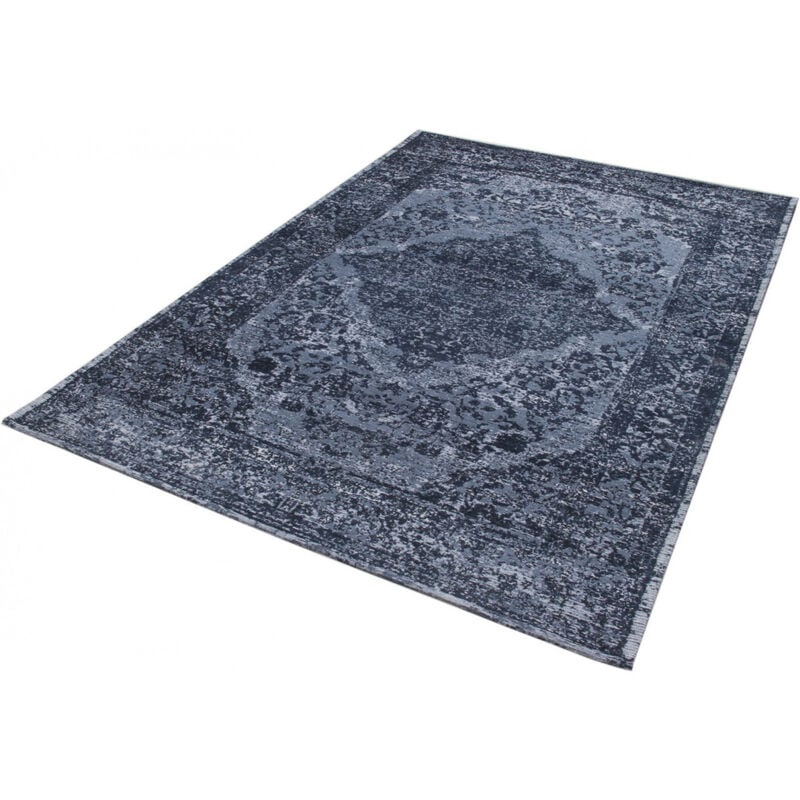 Deladeco - Tapis vintage plat pour salon rayé rectangle Clonmel Bleu foncé 140x200