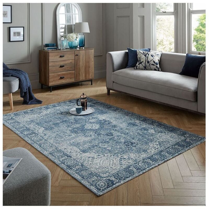 Flair Rugs - Tapis vintage plat rayé rectangle Antique Traditional Bleu 120x170