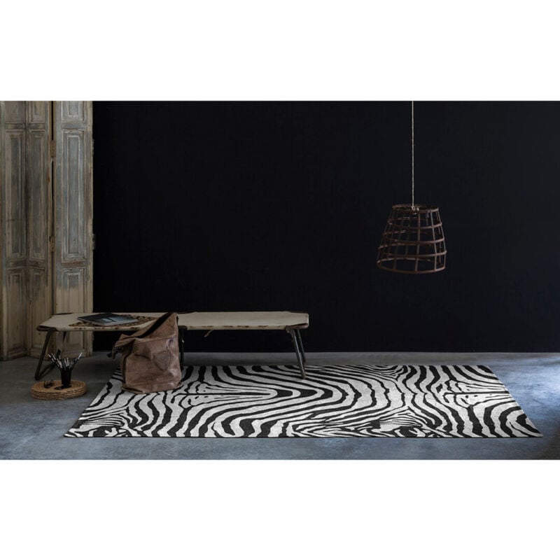 Tapis zébré noir et blanc plat ethnique en coton Yaunde Noir 120x170