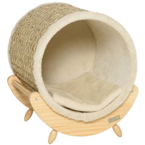 Tapis,coussin et matelas pour chien-Grotte avec plateau-En pin naturel et flanelle-Matelas à griffer-Kaki et beige-41x38x43cm
