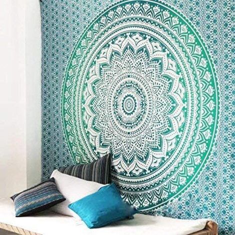 Tapisserie Bohême Mandala Tapisserie Tenture Murale pour La Décoration Murale Hippie Tapisserie Tapis De Plage Tapis Rond De Yoga (Vert, 210 x 150)-Fei Yu