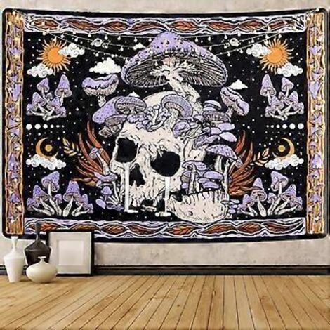 Tapisserie champignon, crâne, squelette, feuilles, grande tapisserie violette pour chambre, décoration murale (51,2 x 59,1 pouces)