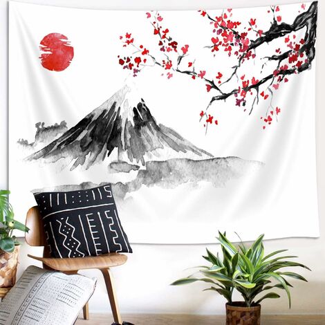 Tapisserie de décoration japonaise, tenture murale de tapisserie de soleil rouge du mont Fuji d'anime asiatique pour chambre à coucher, décorations de fleurs de cerisier d'art japonais tapisserie couv