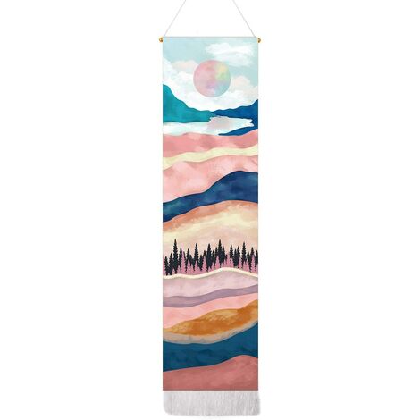 Tapisserie De Montagne Lune Ciel Étoilé Nuit Tapisseries Forêt Arbre Lac Tapisserie Nature Paysage Tapisserie pour Chambre-Rose
