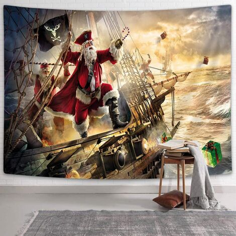 Tapisserie de Nol amusante, Père Nol cool de Nol sur un bateau de pirate nautique sur des tapisseries de l'océan, décoration de vacances de festival, tapisserie murale à suspendre pour chambre à couch