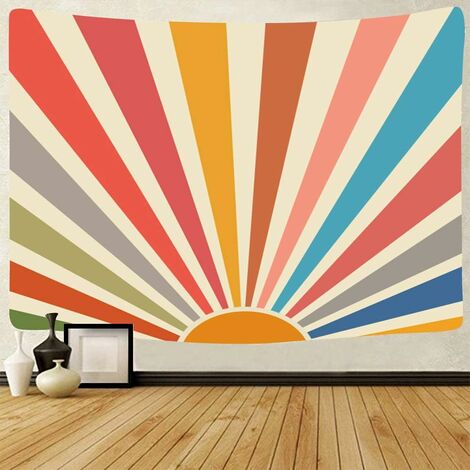 Tapisserie de soleil vintage bohème à suspendre au mur rétro des années 70 arc-en-ciel lever du soleil coucher de soleil minimal géométrique abstrait art hippie bohème décor pour dortoir (51 x 59 pouces)-BDD