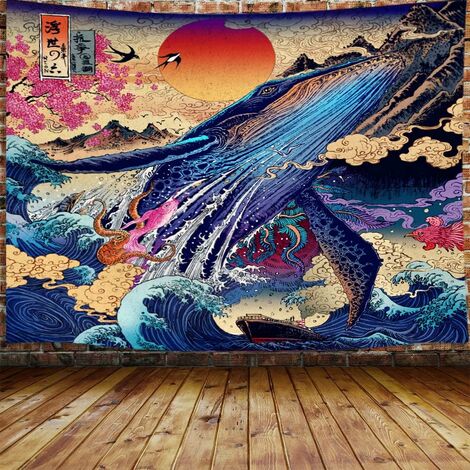 Tapisserie japonaise de décoration de baleine pour les hommes, Sun The Great Wave Trippy Anime petite tapisserie Tenture murale pour chambre à coucher, Ukiyo-e Ocean Hippie Home Tapestry (60 "W X 40"
